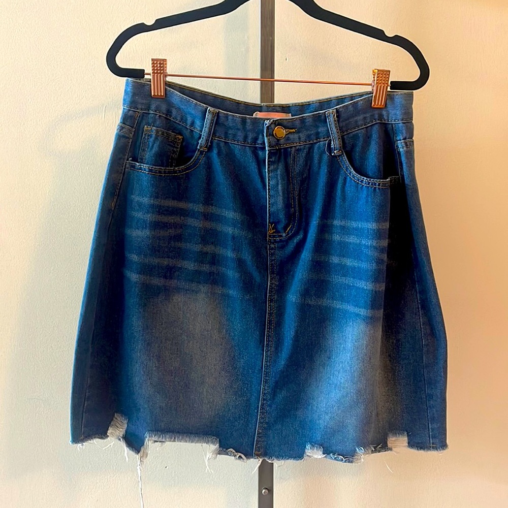 Denim Distressed Raw Hem Skirt
